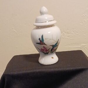White Ceramic Jar with Hummingbird Design